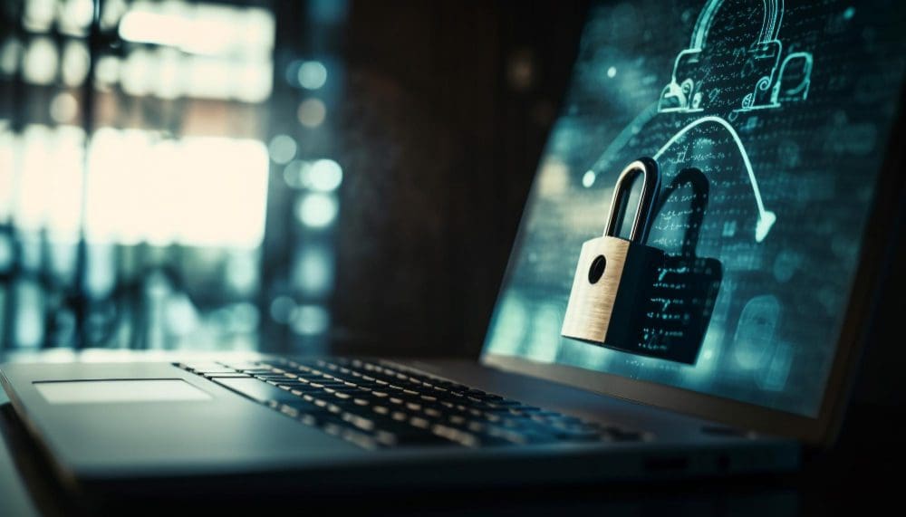 This is an image of a laptop with a lock on the screen.